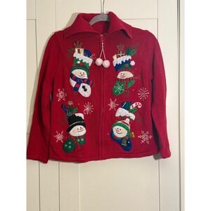 Red Christmas Sweater Jacket Snowman Stocking Applique Zip Up Cozy Holiday